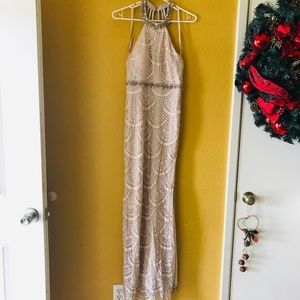 ✨ Sequin Hearts Beige open slit long dress - EUC ✨